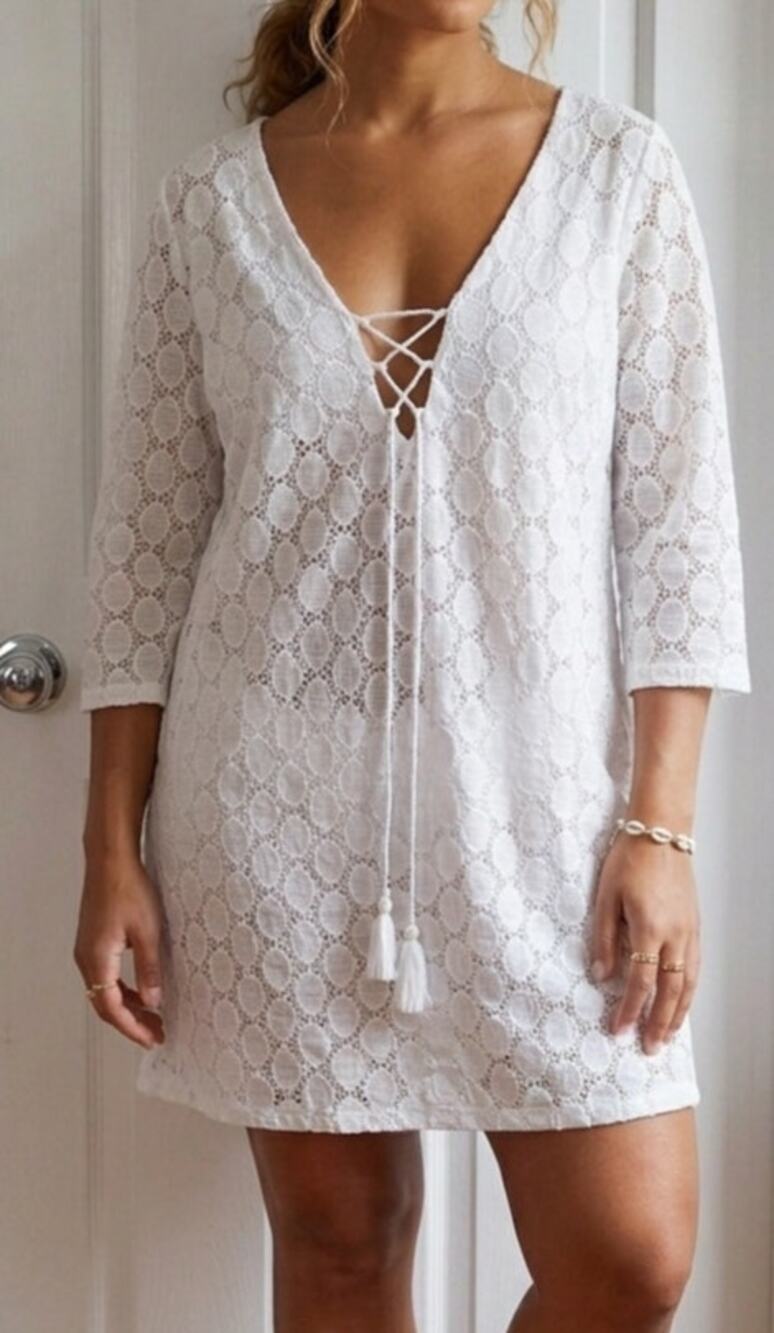Kona Sol White Lace-Up V-Neck Swim Cover Up Dress Tassels - Size Large EUC